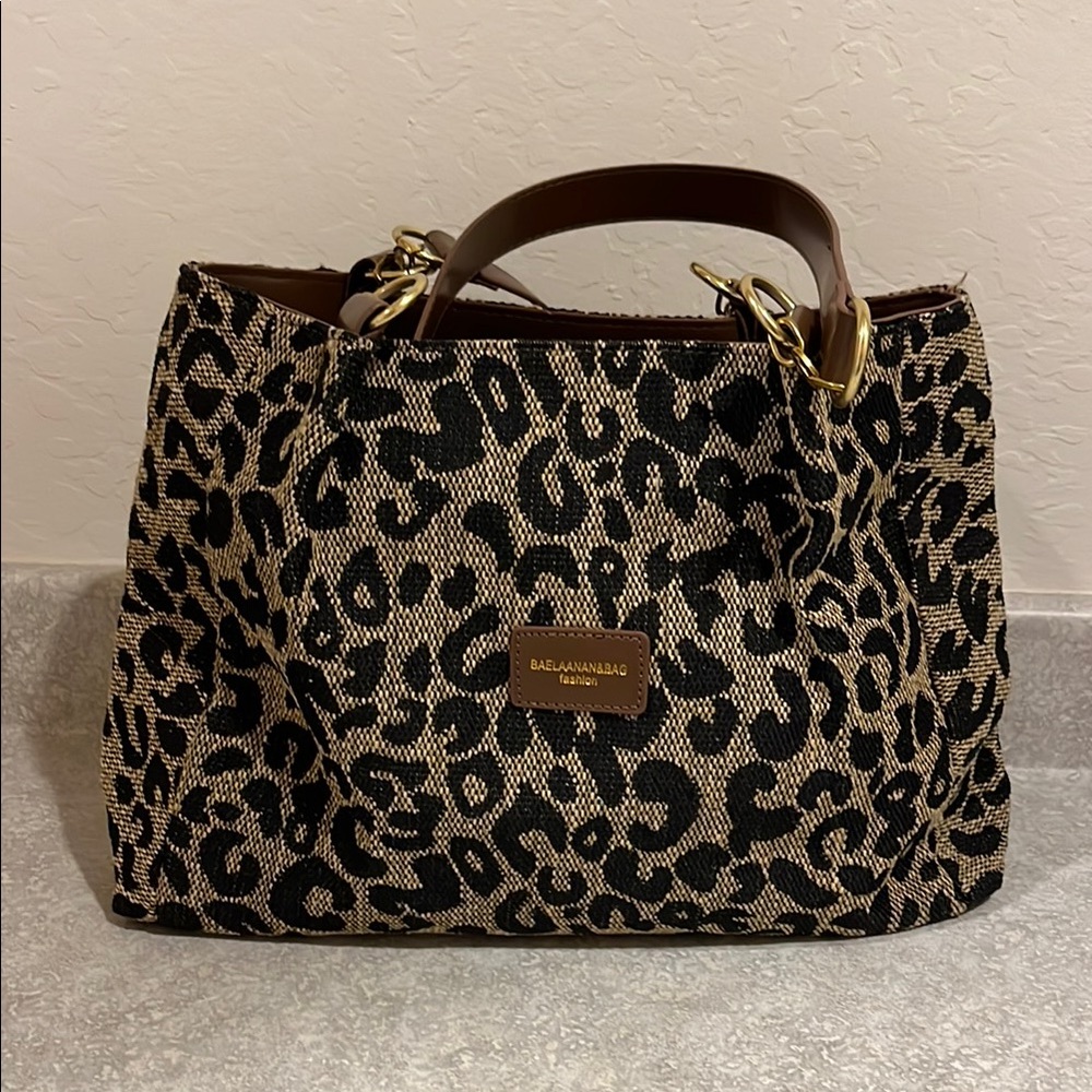 Black and Tan Leopard Print Tote with Gold Hardware